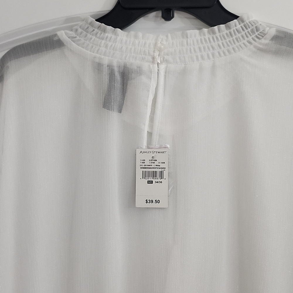 NWT ASHLEY STEWART WHITE SHEER TOP KEYHOLE FRONT & BACK ELASTIC WAIST SZ 34/36 - Picture 9 of 16